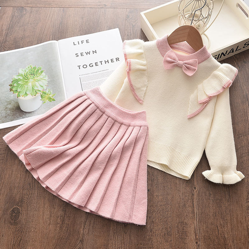 Girls Spring Clothes Set Long Sleeve Sweater Shirt Skirt Bow