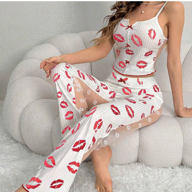 Printed Color Contrast Patchwork Pajamas Front Split Sling