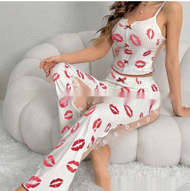 Printed Color Contrast Patchwork Pajamas Front Split Sling