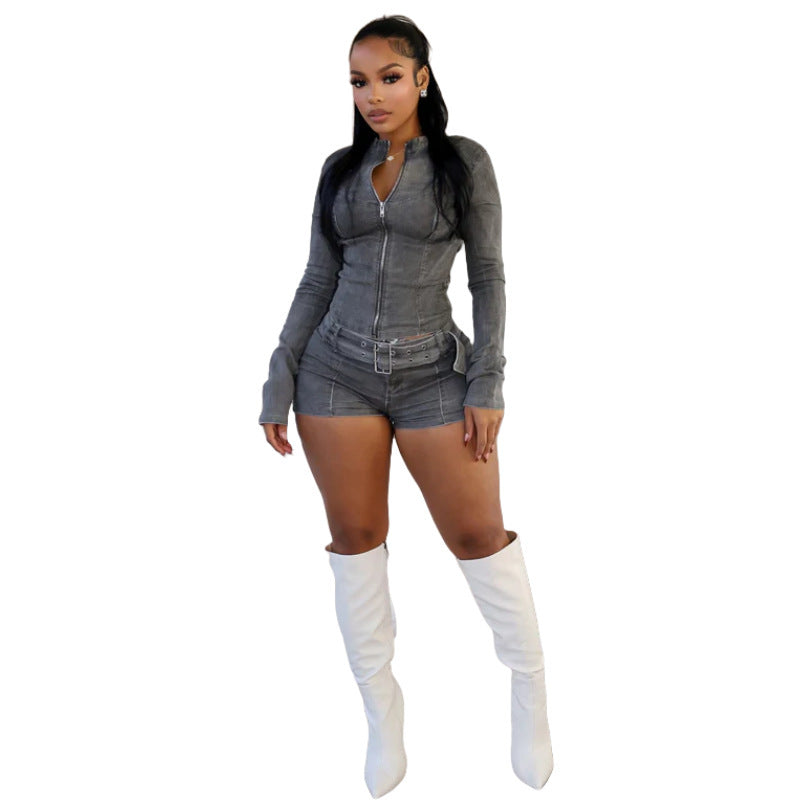 Denim Shorts Suit European And American Long Sleeve Stretch Shorts Suit