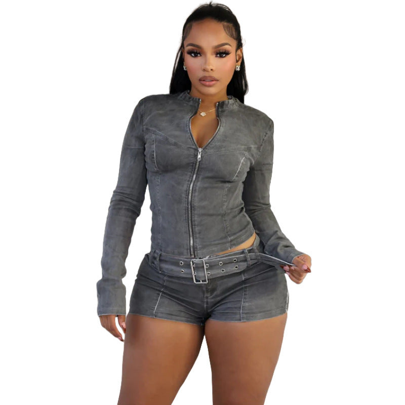 Denim Shorts Suit European And American Long Sleeve Stretch Shorts Suit