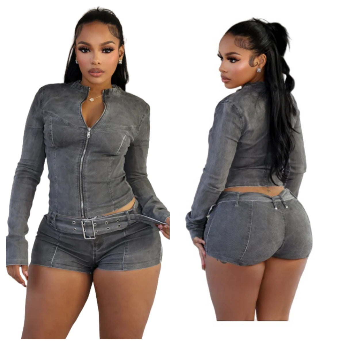 Denim Shorts Suit European And American Long Sleeve Stretch Shorts Suit