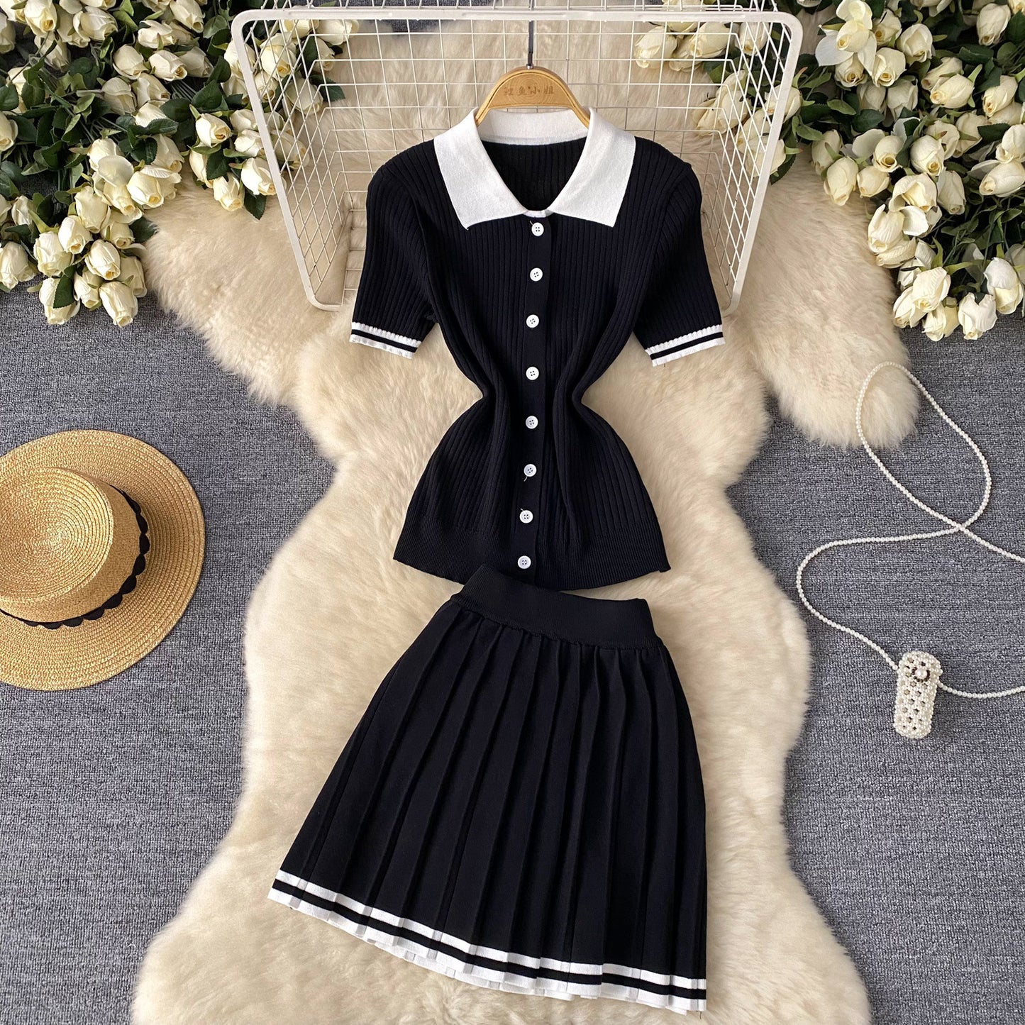 Short Sleeve Shirt Top High Waist Slimming Pleated Skirt Two-piece Set