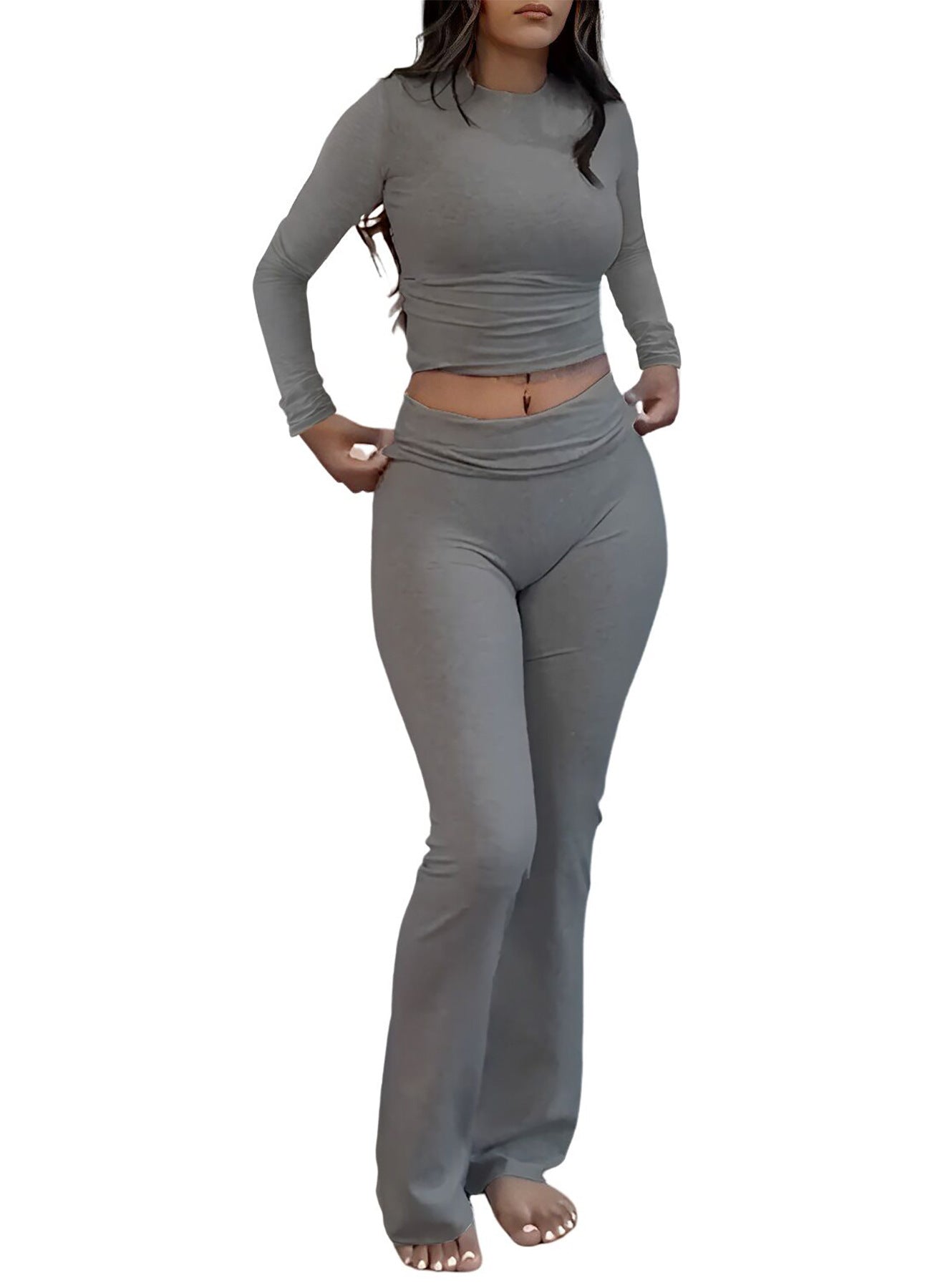 Round Neck Long Sleeve Low Waist Bell-bottom Pants Sportswear Suit