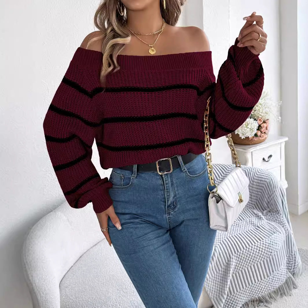 Striped Off-the-shoulder Lantern Sleeve Pullover