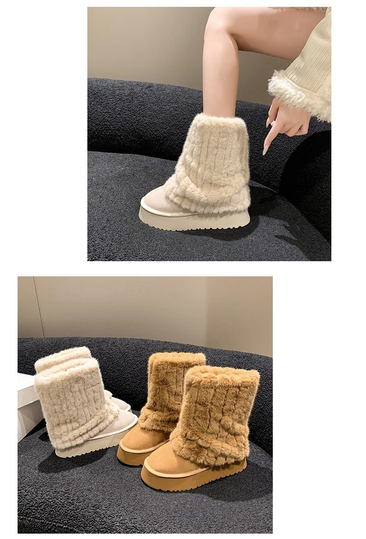 Winter Niche Snow Boots Sleeve Thick Bottom Increased Female Fleece-lined Thickened Short Warm